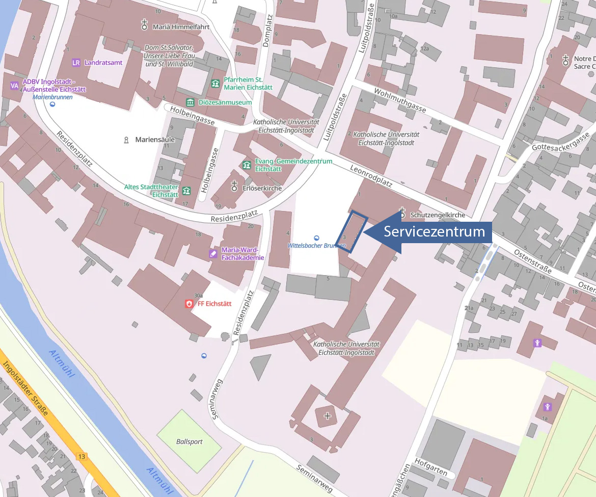 Lageplan Leonrodplatz mit Markierung des Servicezentrums